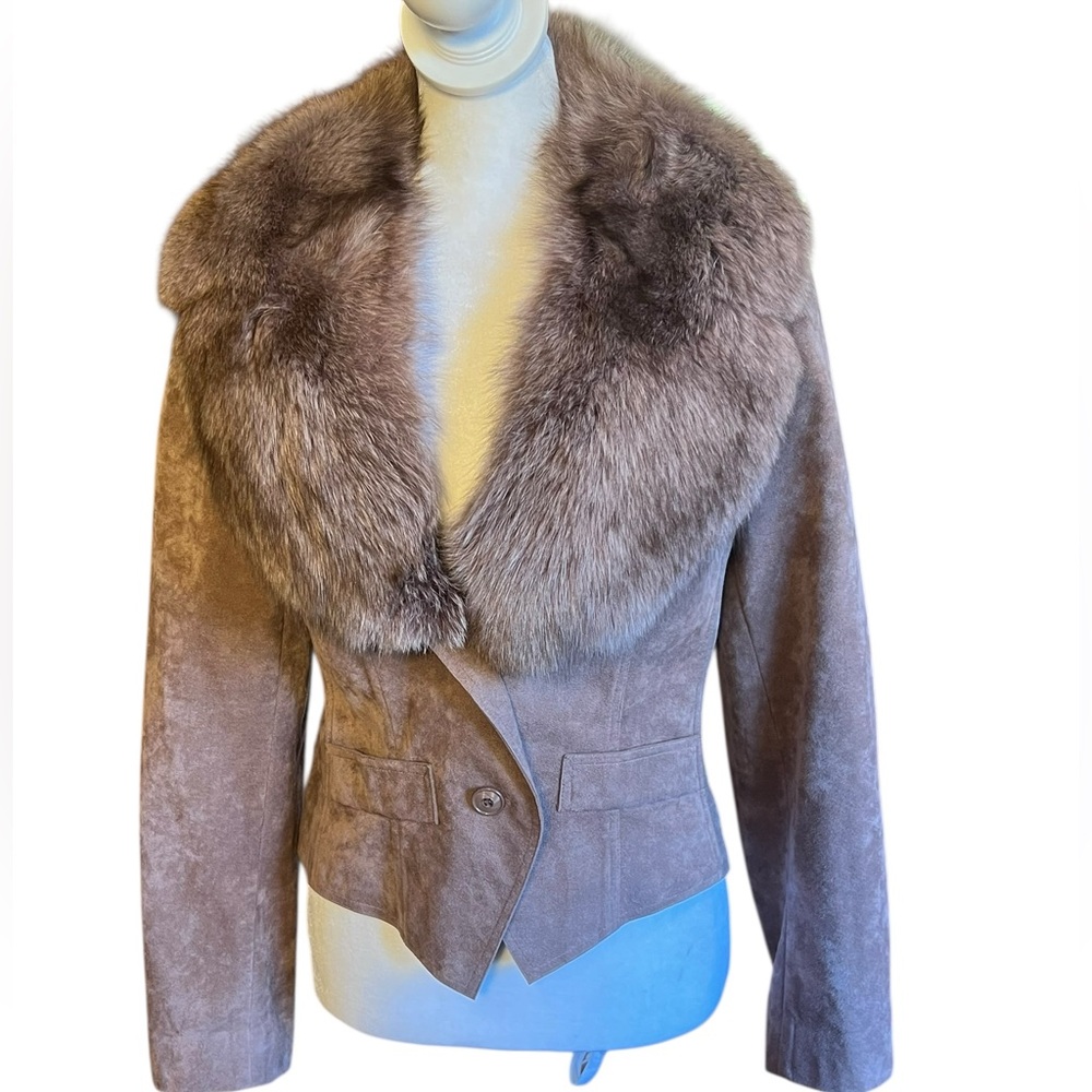 Saks Fifth Avenue Taupe Suede Blazer with Fur Collar
